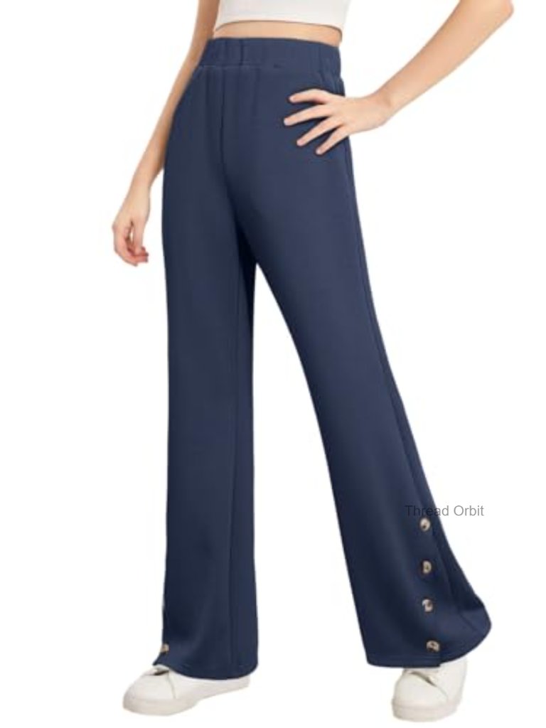 Girls Flare Leggings Uniform Pants Bell Bottoms Elastic High Waist Buttoned Leg